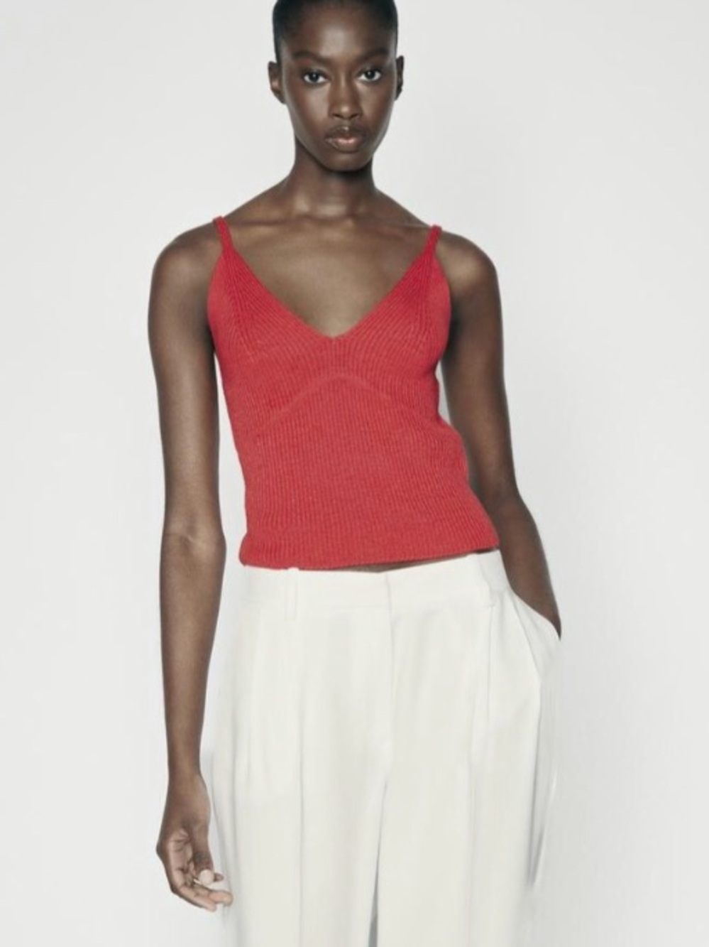 Zara Red Ribbed V-Neck Tank Top
